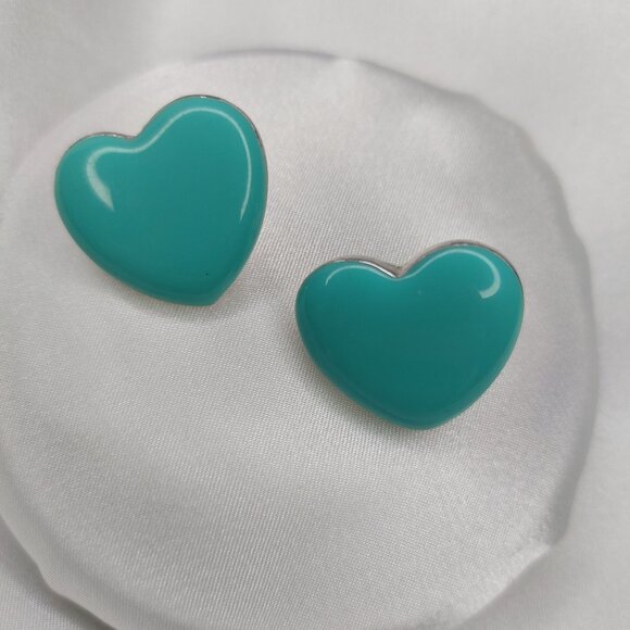 Teal Green Enamel Heart Button Earrings - Picture 3 of 6